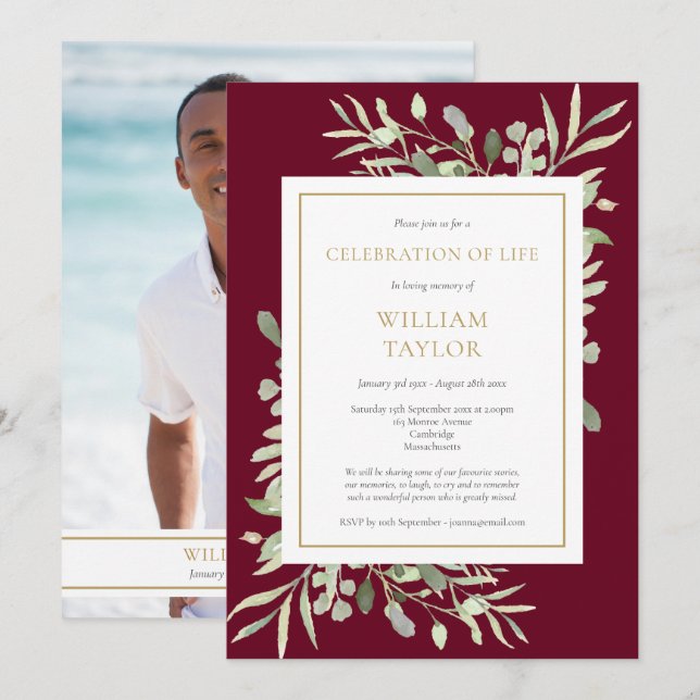 Funeral Celebration of Life Foliage Burgundy Photo Invitation (Front/Back)