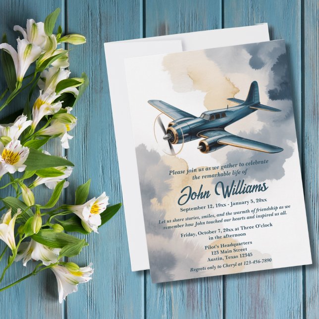 Funeral Celebration of Life Memorial Aeroplane Blu Invitation (Creator Uploaded)