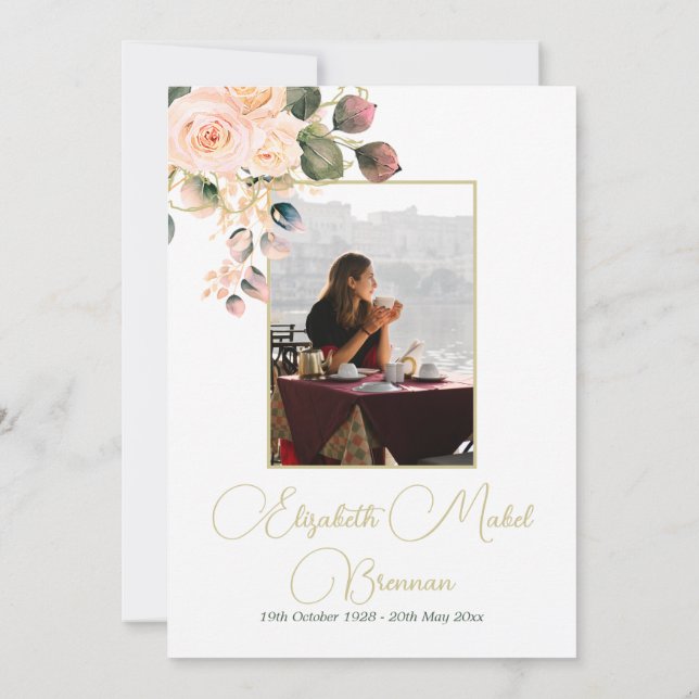 Funeral Christian Photo Elegant  Pink Rose Floral  Invitation (Back)