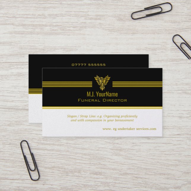 Funeral Director gold stripes and rising phoenix Business Card (Front/Back In Situ)