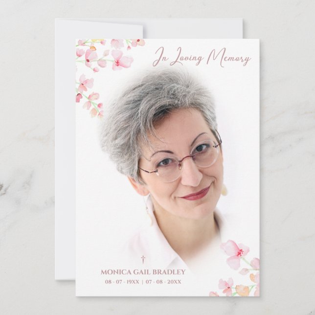 Funeral Fake Rose Gold Photo Pink Floral Branches Invitation (Front)