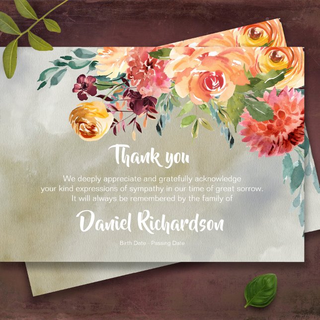 Funeral Floral Memorial Sympathy Thank You Card (Elegant watercolor floral memorial bereavement sympathy funeral thank you card)