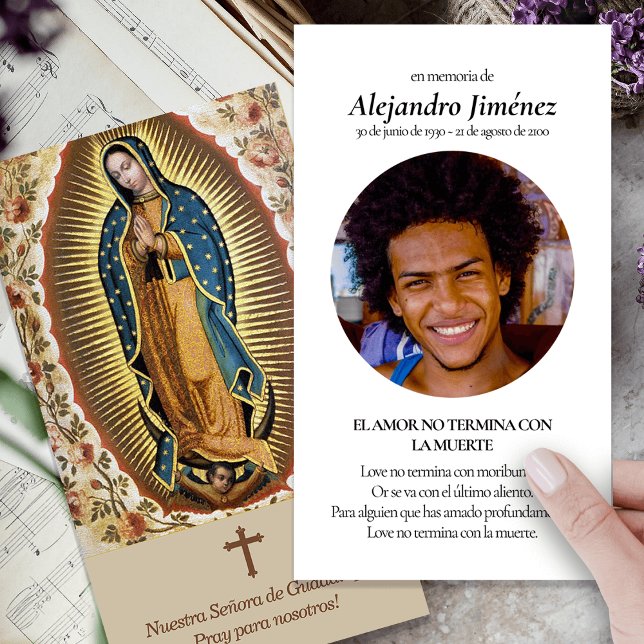 Funeral Guadalupe Spanish Prayer Sympathy Cards (catholic, religious, celebration of life, in loving memory of, prayer cards for bereavement)