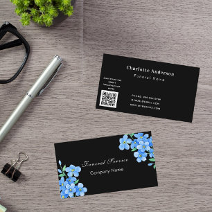 Funeral home service black blue floral QR code Business Card