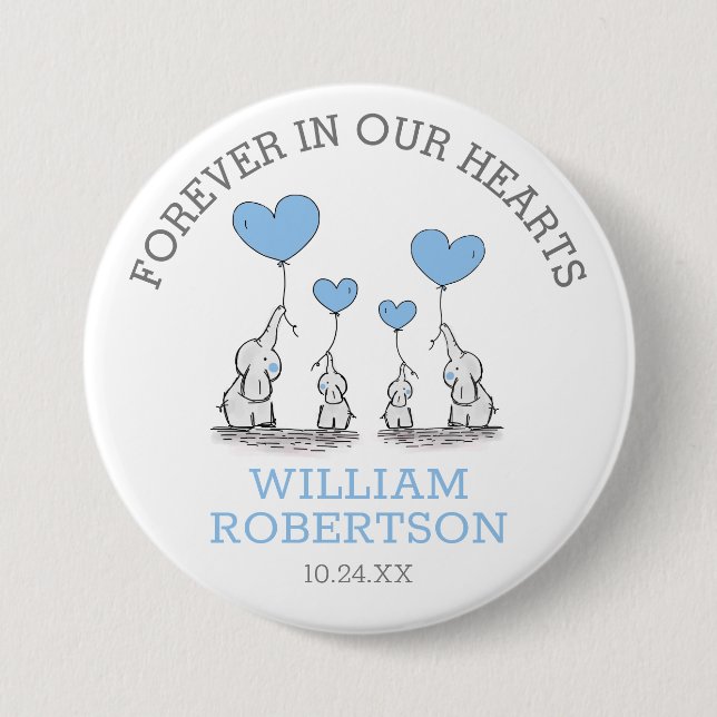 Funeral In Loving Memory | Blue Hearts Elephants 7.5 Cm Round Badge (Front)