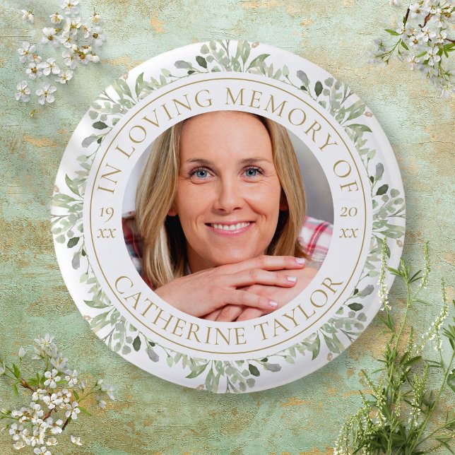 Funeral In Loving Memory Greenery Photo 3 Cm Round Badge (Creator Uploaded)