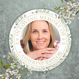 Funeral In Loving Memory Greenery Photo Classic Round Sticker