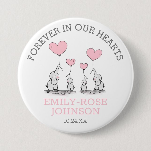 Funeral In Loving Memory | Pink Hearts Elephants 7.5 Cm Round Badge (Front)