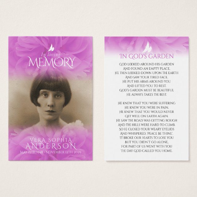 Funeral in loving memory rose prayer / poem card (Front & Back)