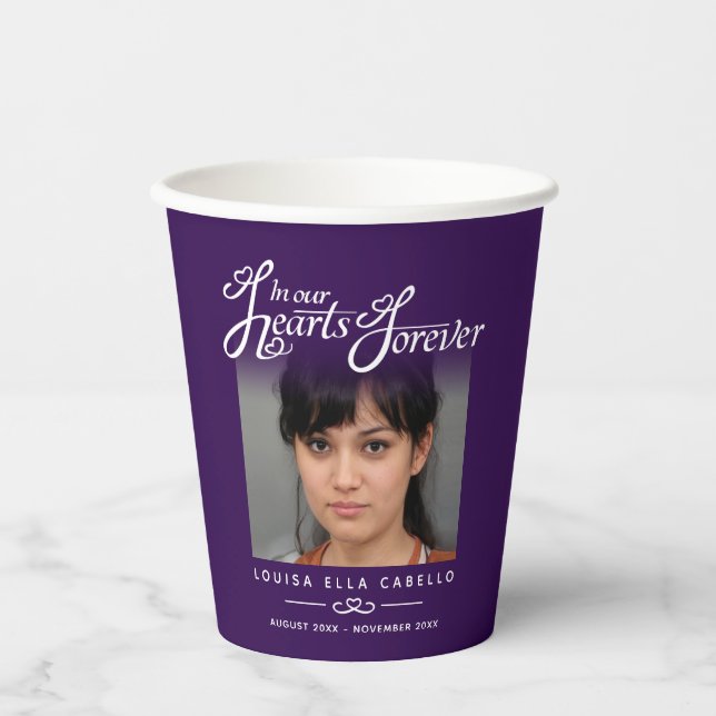 Funeral in our hearts forever purple poem photo paper cups (Front)