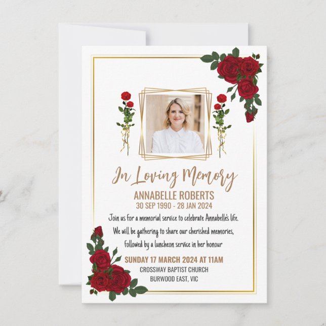 Funeral Invitation - Red Roses With Golden Borders (Front)