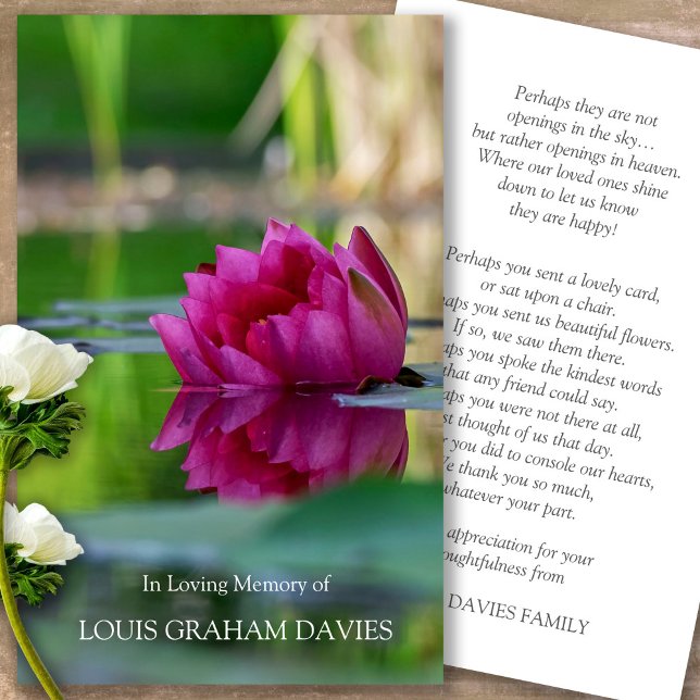 Funeral Lily Pond Memorial Prayer Sympathy Cards (Forever in our hearts, celebration of life, in loving memory of, prayer cards for bereavement)