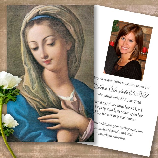 Funeral Loss Beautiful Mary Prayer Sympathy Cards (Forever in our hearts, celebration of life, in loving memory of, prayer cards for bereavement)