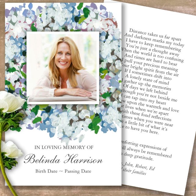 Funeral Loss Blue Hydrangea Prayer Sympathy Cards (Forever in our hearts, celebration of life, in loving memory of, prayer cards for bereavement)