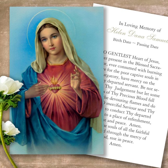 Funeral Loss Heart Mary Prayer Sympathy Cards (catholic, religious, celebration of life, in loving memory of, prayer cards for bereavement)