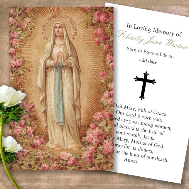 Funeral Loss Lady Lourdes Prayer Sympathy Cards (Forever in our hearts, celebration of life, in loving memory of, prayer cards for bereavement)