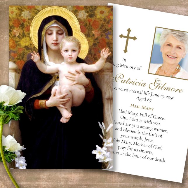 Funeral Loss Madonna Lilies Prayer Sympathy Cards (catholic, religious, celebration of life, in loving memory of, prayer cards for bereavement)
