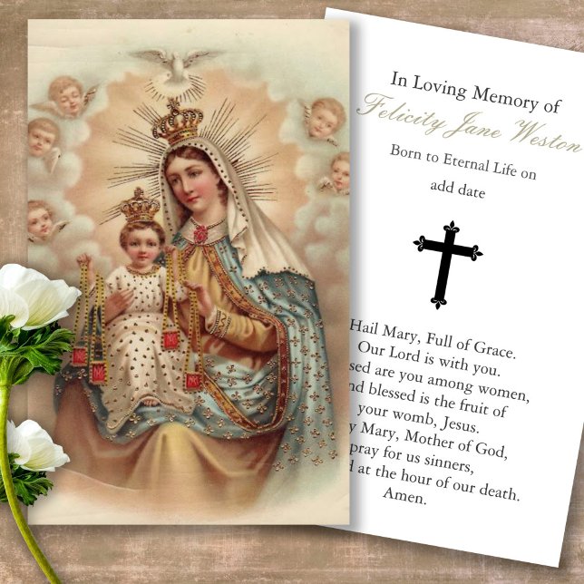 Funeral Loss Mary Memorial Prayer Sympathy Cards (catholic, religious, celebration of life, in loving memory of, prayer cards for bereavement)