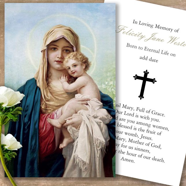 Funeral Loss Mother Mary Prayer Sympathy Cards (catholic, religious, celebration of life, in loving memory of, prayer cards for bereavement)