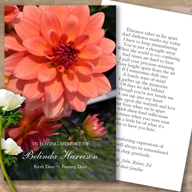 Funeral Loss Orange Dahlia Prayer Sympathy Cards (Forever in our hearts, celebration of life, in loving memory of, prayer cards for bereavement)