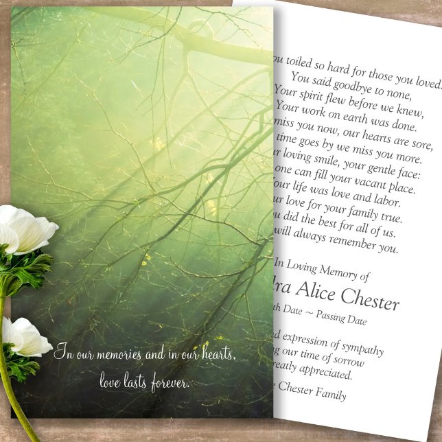 Funeral Loss Peaceful Forest Prayer Sympathy Cards (Forever in our hearts, celebration of life, in loving memory of, prayer cards for bereavement)
