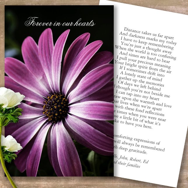 Funeral Loss Purple Daisy Prayer Sympathy Cards (Forever in our hearts, celebration of life, in loving memory of, prayer cards for bereavement)