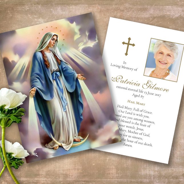 Funeral Loss Radiant Mary Prayer Sympathy Cards (catholic, religious, celebration of life, in loving memory of, prayer cards for bereavement)