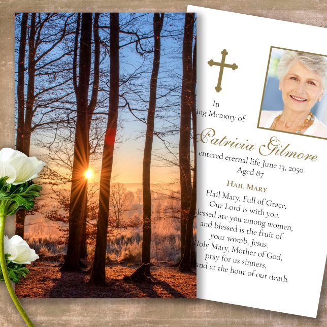 Funeral Loss Suns Rays Prayer Sympathy Cards (sunset, sunrise, forest, celebration of life, in loving memory of, prayer cards for bereavement)