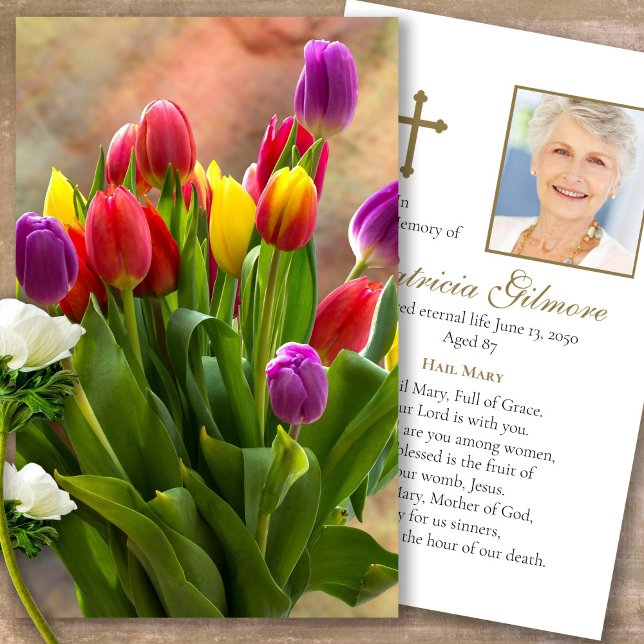 Funeral Loss Tulip Bouquet Prayer Sympathy Cards  (Forever in our hearts, celebration of life, in loving memory of, prayer cards for bereavement)