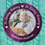 Funeral Loving Memory Custom Photo Purple Memorial 7.5 Cm Round Badge<br><div class="desc">Honour your loved one with a custom photo memorial funeral button. This unique memorial keepsake funeral button is the perfect gift for yourself, family or friends to pay tribute to your loved one. We hope your memorial button will bring you peace, joy and happy memories. Quote "In Loving Memory". Customise...</div>