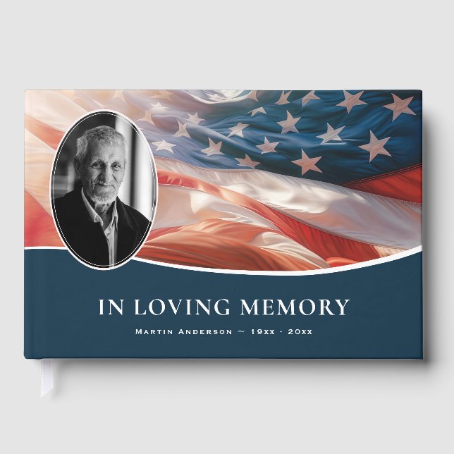 Funeral Memorial American Flag Photo Guest Book (Front)
