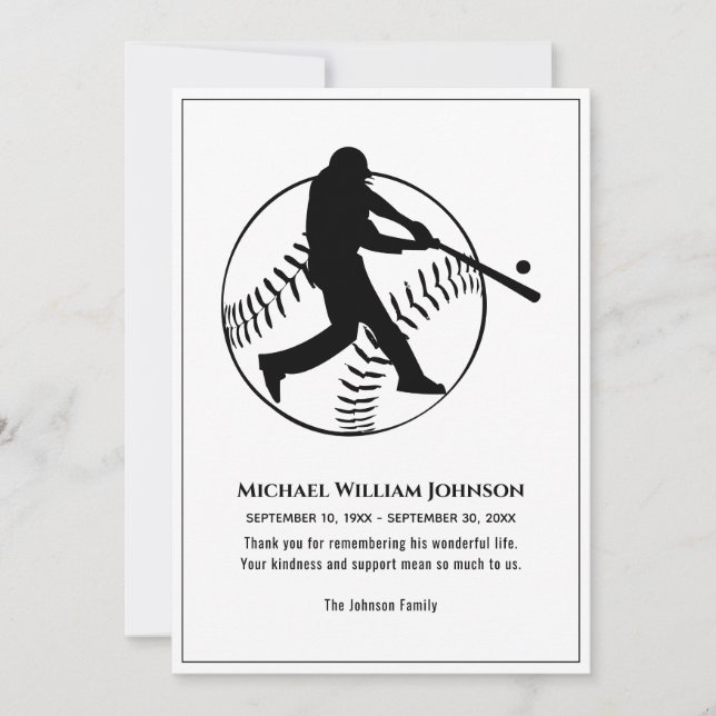 Funeral Memorial Black And White Baseball Batter Thank You Card (Front)