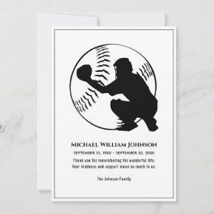 Funeral Memorial Black And White Baseball Catcher Thank You Card