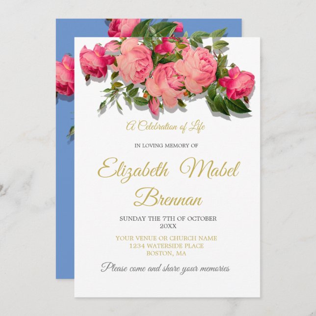 Funeral Memorial Blue Roses Celebration of life Invitation (Front/Back)