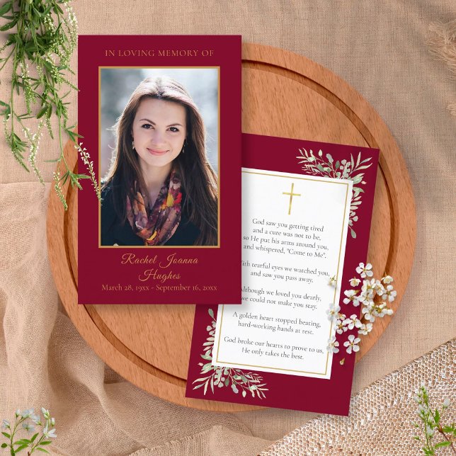 Funeral Memorial Burgundy Photo Prayer Cards (Creator Uploaded)