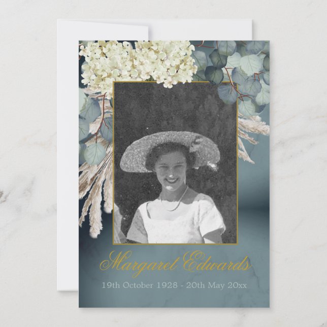 Funeral Memorial Floral Blue Gold Elegant Photo Invitation (Back)