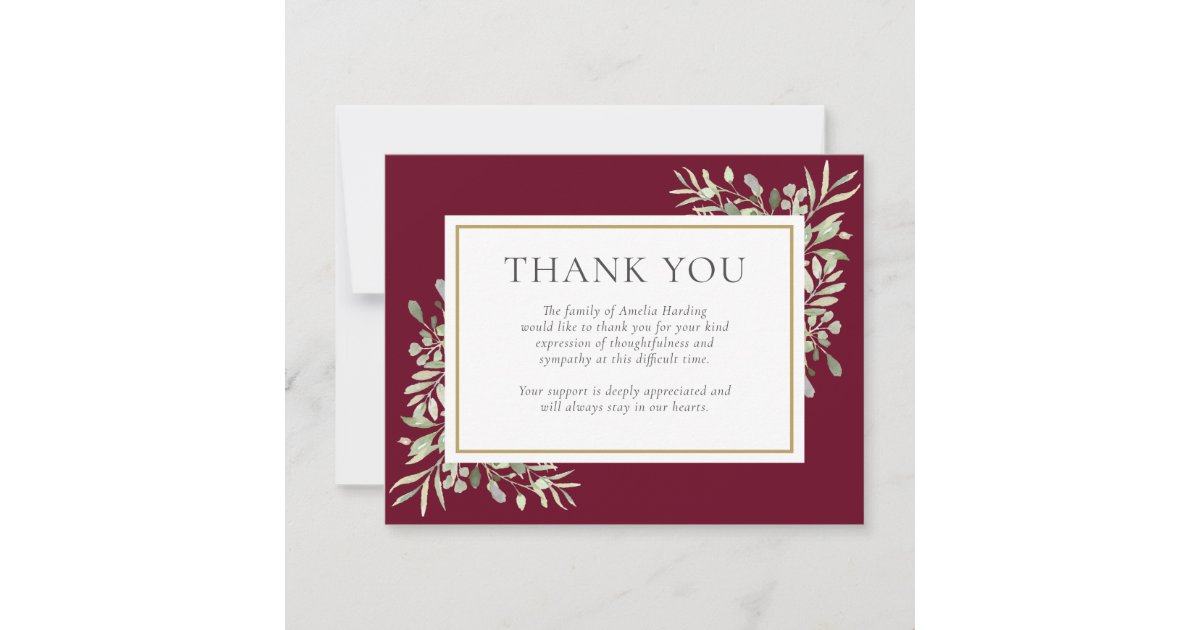 Funeral Memorial Greenery Burgundy Photo Thank You Card ...