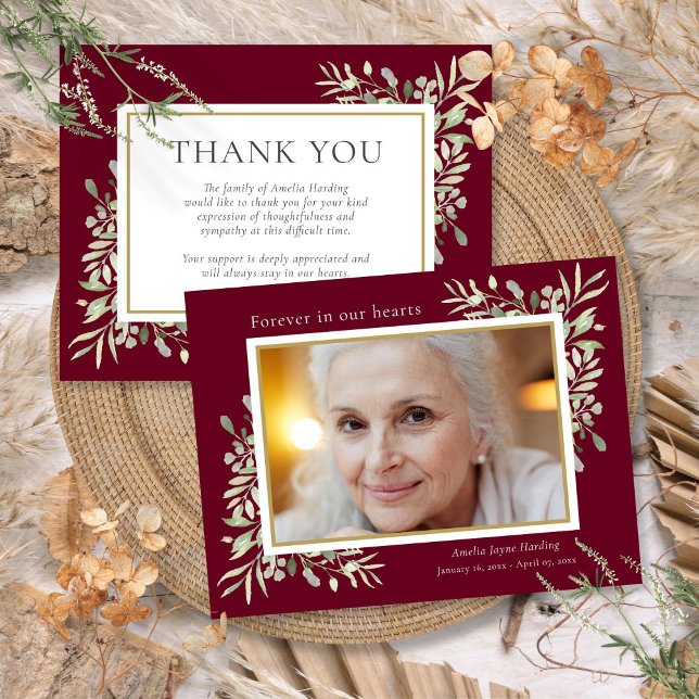 Funeral Memorial Greenery Burgundy Photo Thank You Card (Funeral Memorial Greenery Burgundy Photo Thank You Card)