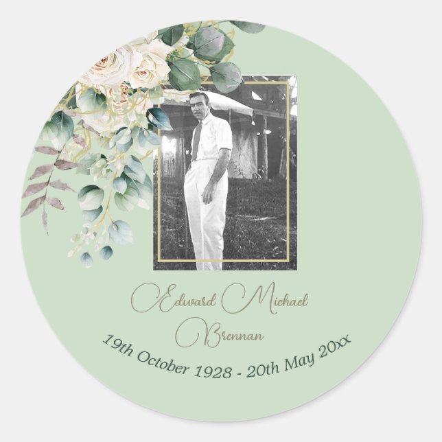 Funeral Memorial Male Photo Elegant Rose Floral Classic Round Sticker (Front)
