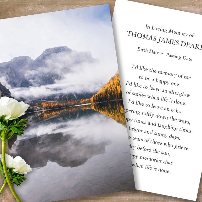 Funeral Memorial Misty Lake Prayer Sympathy Cards (misty lake, celebration of life, in loving memory of, prayer cards for bereavement)