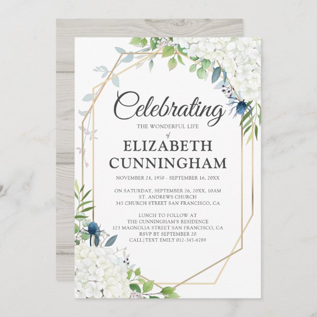 Funeral Memorial Modern Floral Geometric Woodsy Invitation (Front/Back)