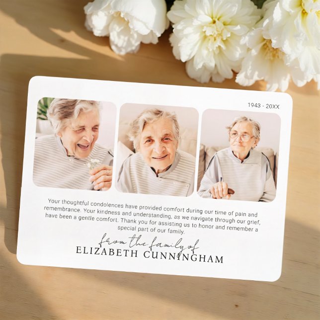 Funeral Memorial Modern Simple 3 Photos Thank You Card (Creator Uploaded)