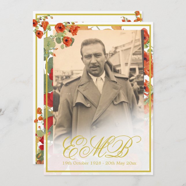Funeral Memorial Photo Floral Gold Celebration  Invitation (Front/Back)