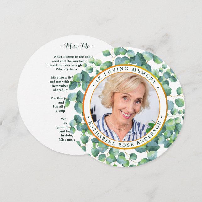 Funeral Memorial Prayer Card Eucalyptus Gold Photo (Front/Back)