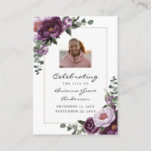 Funeral Memorial Prayer Photo Card Purple Floral