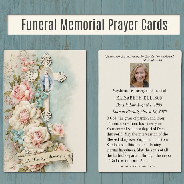 Funeral Memorial Prayer Virgin Mary Cards (Catholic Funeral Memorial Prayer Cards with the Blessed Virgin Mary and vintage flowers. )