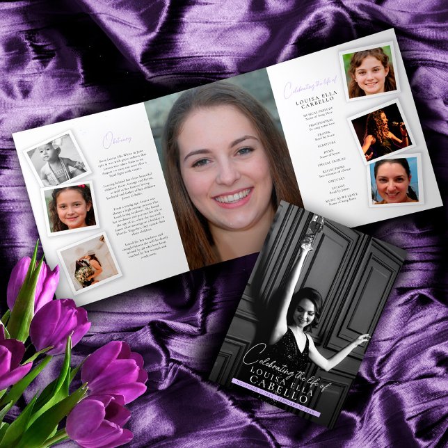 Funeral memorial program snap photos purple Tri-Fold invitation (Creator Uploaded)