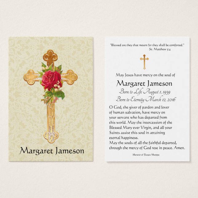 Funeral Memorial Red Rose Cross Holy Card - (Front & Back)