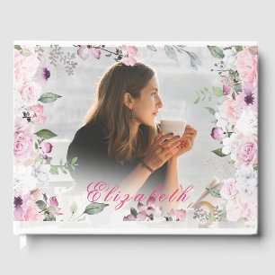 Funeral Memorial Roses White Overlay Photo Simple Guest Book