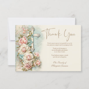 Funeral Memorial Service Floral Cross Religious Thank You Card